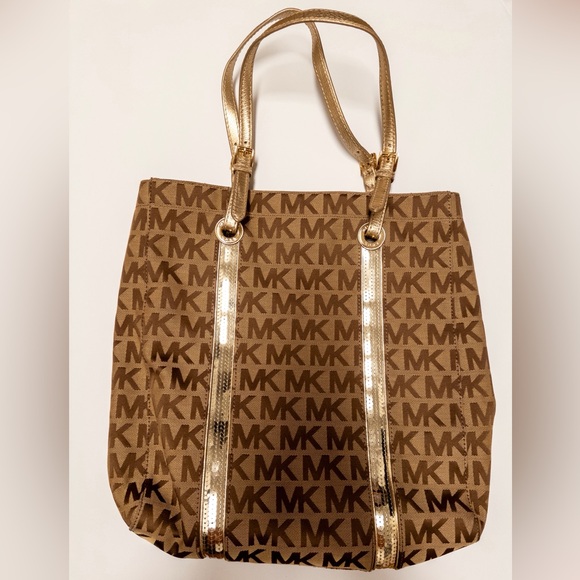 Michael Kors Gold Sequin Tote MK Monogram Shoulder Bag - Picture 5 of 5